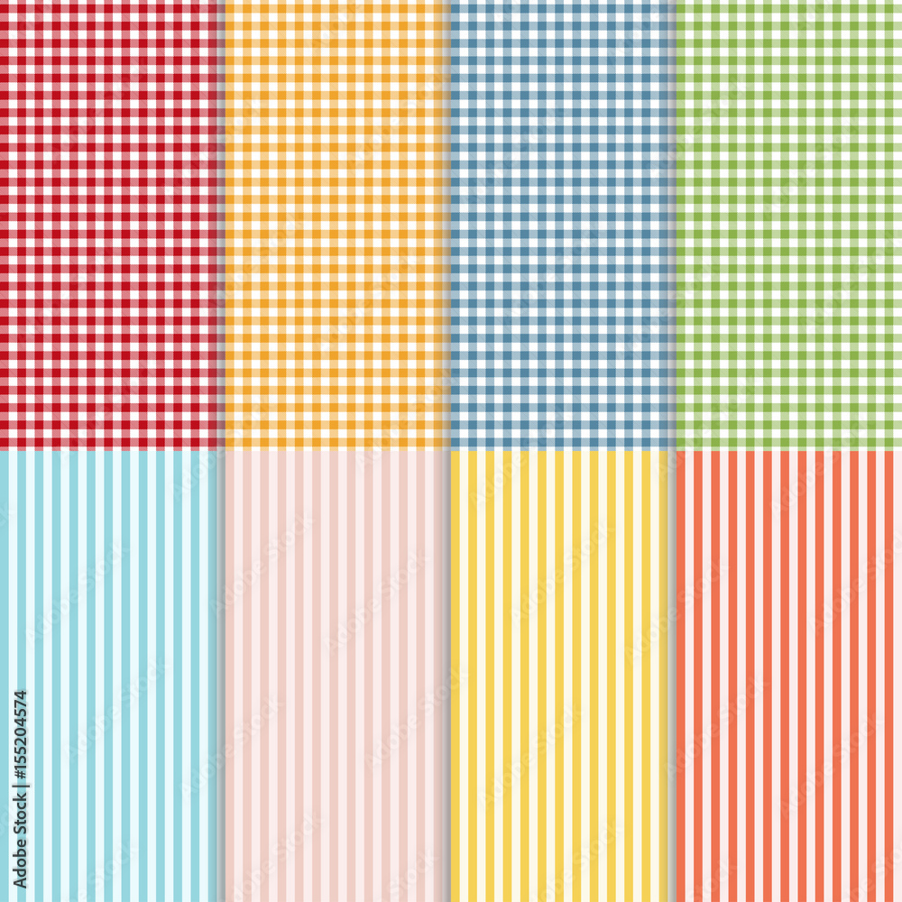 Poster Set of seamless gingham, buffalo check plaid and bed linen patterns. Eight checkered and striped seamless patterns