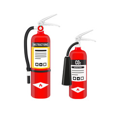 Fire extinguishers set in North American style isolated on white background. Vector illustration.
