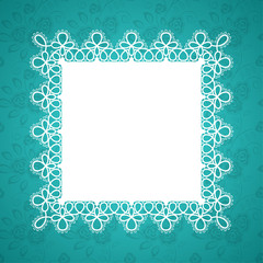 Square lace frame with a place for text. Background for wedding invitation, greeting card. Vector Illustration