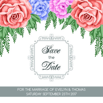 Save the Date card template with flowers. Vector Illustration in retro style