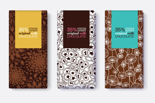 Vector Set Of Chocolate Bar Package Designs With Modern Brown Floral Patterns. Pastel Rectangle Frames. Editable Packaging Template Collection.