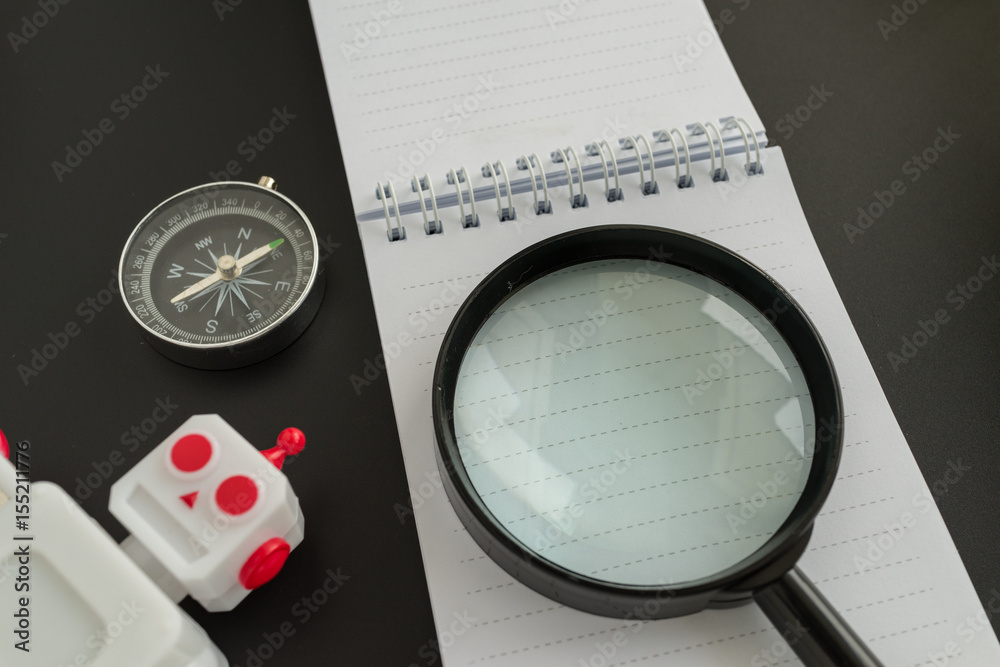 Poster seo search engine optimization website analysis concept with compass, robot and magnifying glass on 