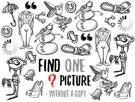 Find one picture without a copy. Educational game for children with cartoon characters. Characters ready for colouring.