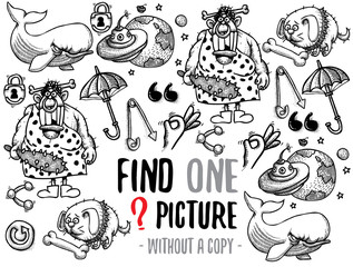 Find one picture without a copy. Educational game for children with cartoon characters. Characters ready for colouring.