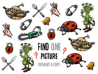 Find one picture without a copy. Educational game for children with cartoon characters.