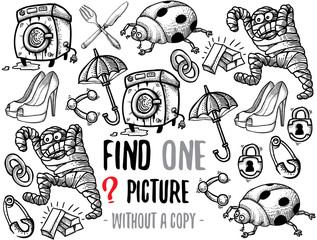 Find one picture without a copy. Educational game for children with cartoon characters. Characters ready for colouring.