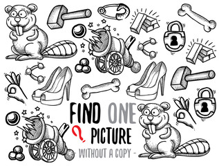 Find one picture without a copy. Educational game for children with cartoon characters. Characters ready for colouring.