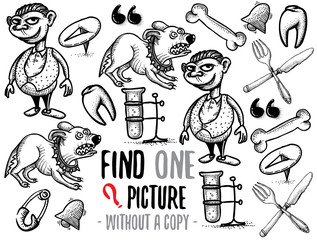 Find one picture without a copy. Educational game for children with cartoon characters. Characters ready for colouring.