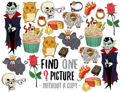 Find one picture without a copy. Educational game for children with cartoon characters.