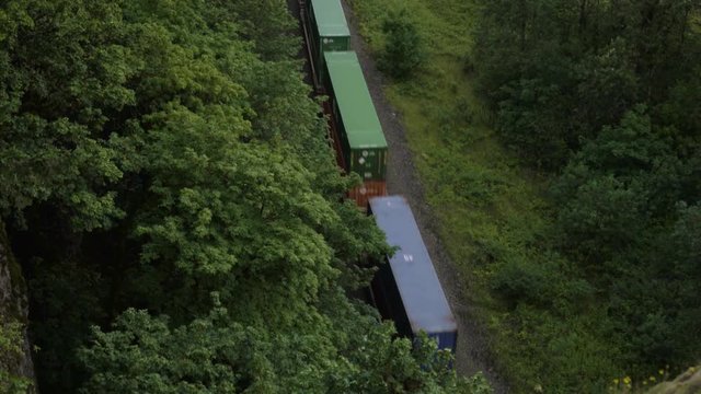 Aerial View Of Freight Train Passing Through Lush Forest