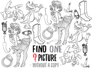 Fototapeta na wymiar Find one picture without a copy. Educational game for children with cartoon characters. Characters ready for colouring.