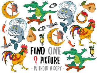 Find one picture without a copy. Educational game for children with cartoon characters.