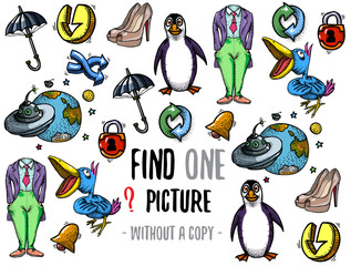 Find one picture without a copy. Educational game for children with cartoon characters.
