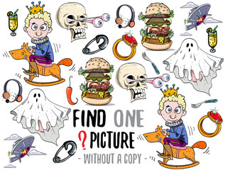 Find one picture without a copy. Educational game for children with cartoon characters.