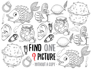 Find one picture without a copy. Educational game for children with cartoon characters. Characters ready for colouring.