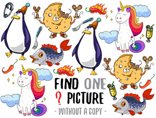 Find one picture without a copy. Educational game for children with cartoon characters.