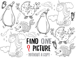 Find one picture without a copy. Educational game for children with cartoon characters. Characters ready for colouring.