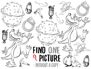 Find one picture without a copy. Educational game for children with cartoon characters. Characters ready for colouring.