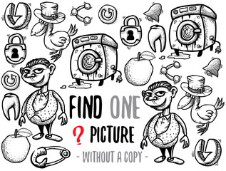 Find one picture without a copy. Educational game for children with cartoon characters. Characters ready for colouring.