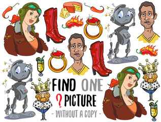 Find one picture without a copy. Educational game for children with cartoon characters.