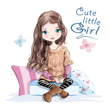 Cute little girl in knitted sweater and skirt sitting on soft pillows. Beautiful young girl with long hair. Hand drawn girl. Sketch. Vector illustration.