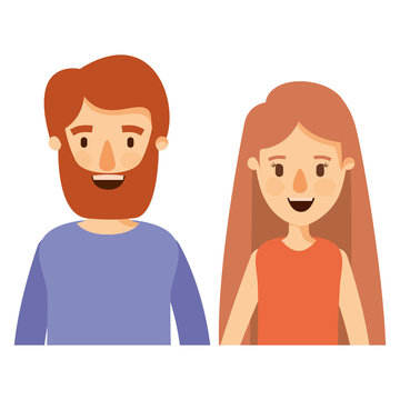 colorful caricature half body couple woman with long hair and bearded man vector illustration