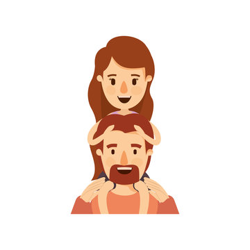 colorful caricature half body bearded father with moustache and girl on his back vector illustration