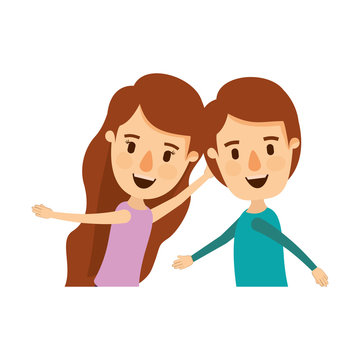 colorful caricature side view half body couple children dancing vector illustration