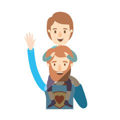 light color shading caricature half body super dad hero greeting with boy on his back vector illustration