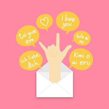 You got mail concept idea love hand sign language pop up from mail illustration and text english japanese vietnam german chinese language in text box isolated on pink background, with copy space