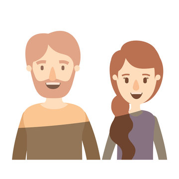 light color shading caricature half body couple woman with ponytail side hair and bearded man vector illustration