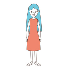 caricature color sections and blue hair of full body woman with long hair and dressed vector illustration