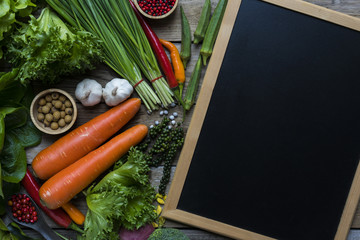 Fresh farmers market fruit and vegetable from above with copy space