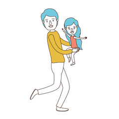 caricature color sections and blue hair of full body man carrying a little girl vector illustration