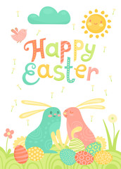 Happy Easter festive postcard with rabbits painted eggs on a meadow.
