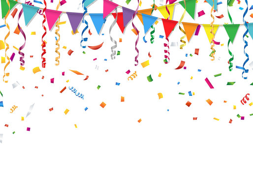 Party flags with confetti and streamer. Vector