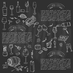 Hand drawn wine set icons Vector illustration Sketchy wine tasting elements collection Winery objects Cartoon symbols Vineyard background Vine Vineland Grape Glass Bottle Cheese Oak barrel Opener