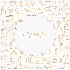 Hand drawn doodle Bathroom related icons set Vector illustration home bath symbols collection Cartoon elements on white background Sketch Toilet Sink Shower Bathtub Lavatory Towel Robe Slippers Fan