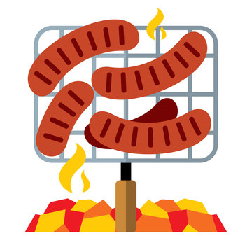 Vector Sausages on the grill. Flat style colorful Cartoon illustration.