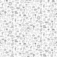 Seamless background Hand drawn doodle Beach set icons Vector illustration Sketchy summer vacation elements collection Holiday objects Cartoon sea relax journey symbols Summertime traveling background 
