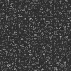 Seamless background Hand drawn doodle Beach set icons Vector illustration Sketchy summer vacation elements collection Holiday objects Cartoon sea relax journey symbols Summertime traveling background 