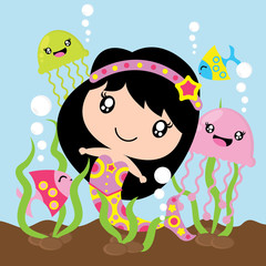Cute mermaid, jelly fish and fishes in the sea vector cartoon, Kid nursery wall, wallpaper, and greeting card, T-shirt design for kids