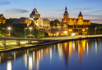 Night panorama of Old Town in Szczecin (Stettin) City - obrazy, fototapety, plakaty