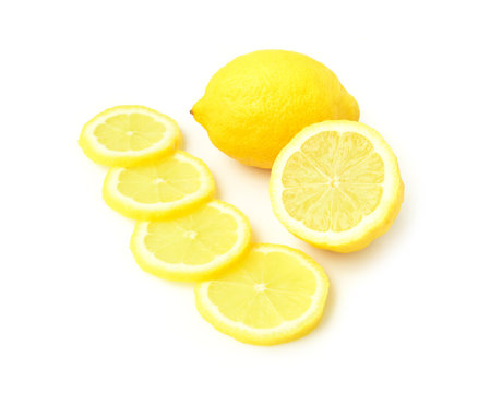 Closeup fresh lemon fruit and slice on white background