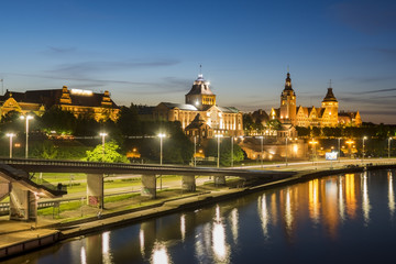 Fototapeta na wymiar Haken Terraces at night-panorama, Szczecin, Poland