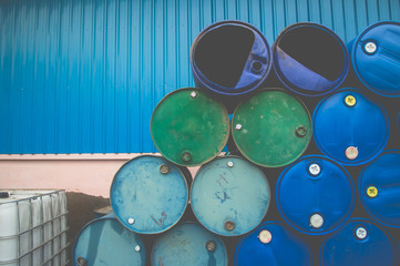 Chemical Plant, Plastic Storage Drums, Blue Barrels,Oil tank,sunset