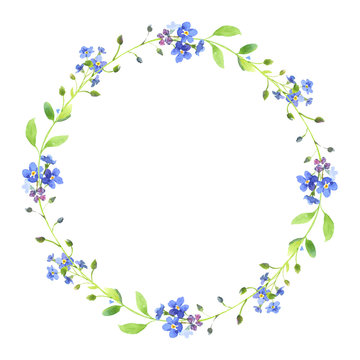 Watercolor wreath. Blue forget-me-nots with green leaves on white background. Can be used as wedding invitations, print, your banner or Postcards for Valentine's Day. Pink tape.