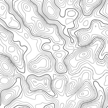 Seamless pattern. Fictional topo contour map design. Vector. Geography concept. Abstract wavy graphic backdrop. Cartography and topology. Line topographic contour map background. Black and white.
