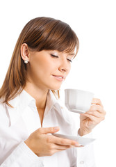 Business woman drinking coffee, isolated