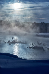 Fototapeta premium Snags in the river water in winter Moon night